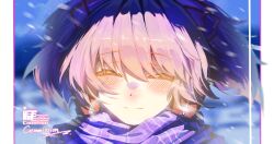  1girl ^_^ blue_sky blush border breath chinese_commentary closed_eyes closed_mouth commentary_request commission day dot_nose floating_hair hair_between_eyes hair_ribbon happy highres kaname_madoka kokaiff mahou_shoujo_madoka_magica mahou_shoujo_madoka_magica_(anime) outdoors outside_border pillarboxed pink_hair plaid_clothes plaid_scarf portrait purple_scarf red_ribbon ribbon sample_watermark scarf short_hair short_twintails sky smile snow snowing solo thank_you twintails watermark white_border wind winter 