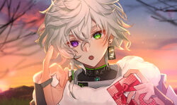  1boy :o bare_tree black_shirt blurry blurry_background commentary_request earrings fur_collar gift gradient_sky green_eyes hanafuda_earrings heterochromia highres holding holding_gift jewelry looking_at_viewer male_focus matochi_(fa) mountainous_horizon murakumo_kagetsu murakumo_kagetsu_(1st_costume) nijisanji open_mouth orange_sky outdoors pinky_swear shirt short_hair single_earring sky solo sunset tree upper_body violet_eyes virtual_youtuber white_hair 