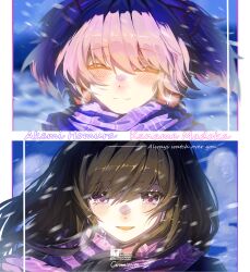  2girls ^_^ akemi_homura black_hair blue_sky blush border breath character_name chinese_commentary closed_eyes closed_mouth commentary_request commission day dot_nose english_text floating_hair hair_between_eyes hair_ribbon happy highres kaname_madoka kokaiff long_hair looking_ahead mahou_shoujo_madoka_magica mahou_shoujo_madoka_magica_(anime) multiple_girls open_mouth outdoors outside_border pink_hair plaid_clothes plaid_scarf portrait purple_scarf red_ribbon ribbon sample_watermark scarf short_hair short_twintails sky smile snow snowing thank_you twintails violet_eyes watermark white_border wind winter 