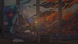  1girl absurdres bang_dream! bang_dream!_it&#039;s_mygo!!!!! blue_hair brh brown_socks chinese_commentary commentary_request cup fire folding_screen grey_socks highres katana long_hair long_sleeves no_shoes seiza sidelocks sitting socks solo sword togawa_sakiko weapon yellow_eyes 