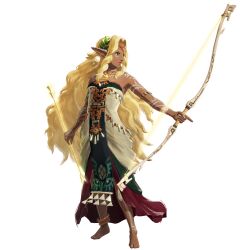  1girl absurdres anklet arm_at_side armlet arrow_(projectile) artist_request bare_shoulders barefoot blonde_hair bodypaint bow_(weapon) closed_mouth dark-skinned_female dark_skin dress earrings elf flat_chest full_body green_eyes hair_intakes highres holding holding_arrow holding_bow_(weapon) holding_weapon hyrule_warriors:_age_of_imprisonment index_finger_raised jewelry laurel_crown long_dress long_hair looking_to_the_side magatama magatama_necklace necklace official_art pointy_ears simple_background solo sonia_(zelda) strapless strapless_dress tabard the_legend_of_zelda the_legend_of_zelda:_tears_of_the_kingdom transparent_background very_long_hair weapon white_dress 