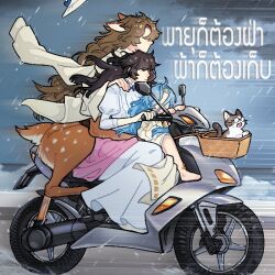  37_(reverse:1999) 3girls ancient_greek_clothes animal_ears bicycle_basket black_hair blue_hair brown_hair cat centauroid closed_mouth clouds cloudy_sky coat commentary_request deer_ears deer_girl deer_tail dress faceless faceless_female full_body gloves greco-roman_clothes hair_between_eyes hat isolde_(reverse:1999) jessica_(reverse:1999) juliet_sleeves long_dress long_hair long_sleeves motor_vehicle motorcycle multiple_girls multiple_legs mummeemeemama on_motorcycle outdoors parted_bangs puffy_sleeves rain reverse:1999 riding sidelocks sky tail taur thai_commentary thai_text toga translation_request unworn_hat unworn_headwear very_long_hair white_coat white_dress white_hat 