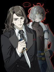  ... 2boys alucard_(castlevania) arikado_genya black_coat black_eyes black_necktie blue_pants brown_hair castlevania:_dawn_of_sorrow castlevania_(series) coat commentary_request fang glowing glowing_eyes grey_hair hand_on_own_hip highres holding holding_knife jewelry keiseki1 knife long_hair male_focus medium_hair multiple_boys necklace necktie nervous_sweating outline pants red_outline reverse_grip sleeves_past_wrists slit_pupils soma_cruz spoken_ellipsis sweat turtleneck white_coat yellow_eyes 