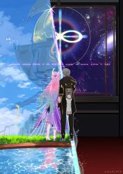 1boy 1girl absurdres amphoreus_(honkai:_star_rail) asarizer black_coat caelus_(honkai:_star_rail) cloud cloudy_sky coat cyrene_(honkai:_star_rail) cyrene_(ripples_of_past_reverie)_(honkai:_star_rail) duo from_behind full_body gradient_hair grass grey_hair heels highres honkai:_star_rail honkai_(series) infinity_symbol long_hair morse_code multicolored_hair pink_hair pond reflection reflective_water space split_screen trailblazer_(honkai:_star_rail) very_long_hair water