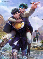  4boys bag blue_eyes carrying diamond_wa_kudakenai earrings gakuran hand_on_own_hip heart higashikata_josuke highres hirose_koichi holding holding_pen jacket jewelry jojo_no_kimyou_na_bouken kdash kishibe_rohan male_focus multiple_boys nijimura_okuyasu open_mouth outdoors outstretched_arm pants peace_symbol pen piggyback river school_uniform shirt short_hair wading white_jacket white_pants yellow_shirt 