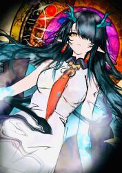  1girl abstract_background arknights bare_shoulders black_hair blue_hair breasts closed_mouth collared_dress commentary dragon_girl dragon_horns dress dusk_(arknights) earrings gradient_hair hair_over_one_eye horns jewelry long_hair looking_at_viewer medium_breasts multicolored_hair necktie pointy_ears red_necktie sleeveless sleeveless_dress solo very_long_hair white_dress wwvc7qr8fvifxz yellow_eyes 