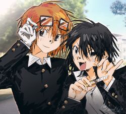  2boys black_eyes black_hair black_jacket boxcutter commentary cosplay costume_switch eyewear_lift fang gakuran glasses gloves holding holding_boxcutter jacket looking_at_viewer male_focus multiple_boys open_clothes open_jacket orange_hair outdoors randal&#039;s_friends randal_ivory school_uniform short_hair soulsk tsukada_satoru upper_body white_gloves 