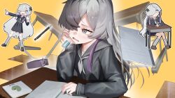  1girl absurdres arm_on_table basasyu black_sailor_collar black_shirt black_skirt blue_hair book desk elbow_on_table frown grey_eyes grey_hair grey_neckerchief grey_socks hair_over_one_eye hand_on_own_face head_rest highres index_finger_raised long_hair long_sleeves multicolored_hair multiple_views neckerchief open_book parted_lips pleated_skirt sailor_collar school_desk shirt skirt socks streaked_hair very_long_hair 