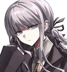  1girl black_gloves black_jacket black_ribbon braid closed_mouth commentary_request danganronpa:_trigger_happy_havoc danganronpa_(series) gloves grey_background hair_ribbon highres jacket kirigiri_kyoko long_sleeves looking_at_viewer necktie open_clothes open_jacket orange_necktie ribbon rishaku_(user_cuwx8758) simple_background solo violet_eyes 