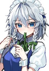  1girl aorin_oekaki blue_dress blue_eyes bow bowtie braid braiding_hair collared_shirt commentary_request dress green_bow green_bowtie grey_hair hair_bow hairdressing highres izayoi_sakuya long_hair maid maid_headdress mouth_hold pinafore_dress puffy_short_sleeves puffy_sleeves ribbon ribbon_in_mouth shirt short_sleeves simple_background sleeveless sleeveless_dress solo touhou twin_braids white_background white_shirt wrist_cuffs 