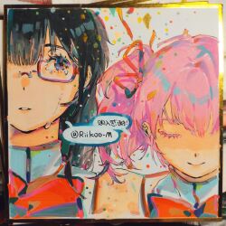  2girls absurdres akemi_homura black_hair bow bowtie brown_shirt chinese_text closed_eyes closed_mouth colored_eyelashes commentary confetti glasses hair_ribbon highres kaname_madoka long_hair mahou_shoujo_madoka_magica mahou_shoujo_madoka_magica_(anime) mitakihara_school_uniform multiple_girls parted_lips photo_(medium) pink_hair red-framed_eyewear red_bow red_bowtie red_ribbon ribbon riko-m sad_smile school_uniform shikishi shirt short_hair short_twintails speech_bubble symbol-only_commentary tearing_up traditional_media twintails twitter_username upper_body violet_eyes 