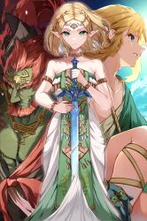  1girl 2boys absurdres archaic_set_(zelda) armlet bare_shoulders beard blonde_hair blue_eyes bracelet colored_skin commentary_request dress earrings facial_hair ganondorf green_eyes green_skin grin highres holding holding_sword holding_weapon jewelry link looking_at_viewer master_sword multiple_boys pointy_ears princess_zelda red_hair risumi_(taka-fallcherryblossom) smile strapless strapless_dress sword the_legend_of_zelda the_legend_of_zelda:_tears_of_the_kingdom weapon 