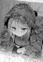  1girl breasts camouflage clenched_hand closed_mouth collarbone collared_shirt ghillie_suit greyscale hiding highres hood hood_up itan_na_karera_no_kimitsu_kyoshitsu long_hair long_sleeves lying monochrome nauribon non-web_source novel_illustration official_art on_stomach parted_bangs sakuragahira_aoba shirt sidelocks small_breasts solo sweat tsurime upper_body 