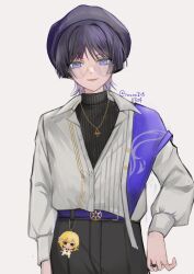  1boy arms_at_sides belt beret bespectacled black_hair black_pants black_sweater blue_eyes blunt_ends casual character_doll choppy_bangs collared_shirt contemporary doll eyelashes genshin_impact glasses gold_buckle gold_trim hat highres jewelry long_sleeves looking_at_viewer lumine_(genshin_impact) male_focus official_alternate_costume pants partially_unbuttoned purple_belt purple_hat purple_shawl ribbed_sweater rimless_eyewear ring round_eyewear runn0524 scaramouche_(genshin_impact) shawl shirt solo sweater tongue tongue_out tsurime turtleneck turtleneck_sweater upper_body wanderer_(genshin_impact) wanderer_(wanderer_impression)_(genshin_impact) white_background white_shirt white_sleeves white_trim 