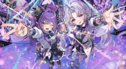  2girls :d ;d absurdres ayatsuno_yuni black_thighhighs blue_skirt blush boots center_frills commentary_request frilled_skirt frills full_body grey_hair haru_yu hat highres horns jacket korean_commentary long_hair long_sleeves looking_at_viewer multiple_girls one_eye_closed open_clothes open_jacket open_mouth outstretched_arm parted_bangs purple_hair purple_hat sakihane_huya shirt single_horn skirt smile stage standing stellive thigh-highs v violet_eyes virtual_youtuber white_boots white_jacket white_shirt white_thighhighs yellow_eyes 