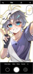 1boy black_gloves blue_eyes blush english_commentary fingerless_gloves gloves grey_hair grey_shirt honkai:_star_rail honkai_(series) looking_at_viewer luosaihuer male_focus phainon_(a_dream_scented_in_wheat)_(honkai:_star_rail) phainon_(honkai:_star_rail) selfie shirt speech_bubble spoken_sparkle v white_background 