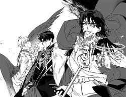  1girl 2boys :d black_hair black_jacket black_wings bob_cut borrowed_clothes chain collared_shirt cowboy_shot curtained_hair epaulettes feather_boa feathered_wings han_sooyoung hinizana holding holding_polearm holding_weapon jacket jacket_on_shoulders kim_dokja lance looking_at_another looking_at_viewer multiple_boys official_alternate_costume omniscient_reader&#039;s_viewpoint polearm popped_collar shirt short_hair smile weapon white_hair wings yoo_joonghyuk 