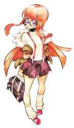  1girl amamiya_ren bag character_doll charm_(object) collared_shirt doll fur_trim glasses holding holding_bag jacket lapel_pin long_hair long_sleeves looking_at_viewer orange_hair persona persona_5 plaid_clothes plaid_skirt rafchu red_suspenders round_eyewear sakura_futaba school_bag shirt shoes simple_background skirt smile socks solo standing suspenders sweater teeth violet_eyes white_background 