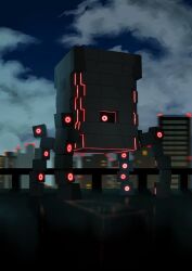  brick building clouds english_commentary full_body glowing glowing_eyes highres night no_humans on_rooftop outdoors pokemon pokemon_(creature) pokemon_focus red_eyes reflection reflective_floor rooftop skyline skyscraper stakataka w0ch1en 