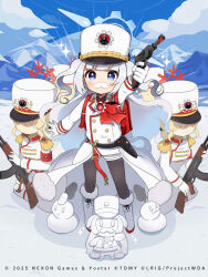  1girl assault_rifle backpack bag black_pantyhose blue_archive blue_eyes blue_sky boots cherino_(blue_archive) clouds copyright_notice fake_facial_hair fake_mustache gloves gun hat highres holding holding_gun holding_weapon jacket kei_s01 long_hair looking_at_viewer mountain official_art pantyhose randoseru red_bag rifle sky snow solo very_long_hair weapon white_boots white_gloves white_hair white_hat white_jacket wixoss 