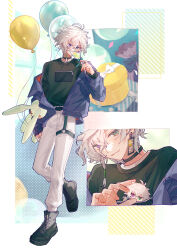  1boy :3 absurdres ahoge balloon bespectacled black_shirt black_shoes blue_background blue_jacket candy character_doll commentary_request covering_own_mouth cut-in doll earrings food full_body gift glasses green_eyes hanafuda_earrings highres holding holding_candy holding_food holding_lollipop jacket jewelry lollipop looking_at_viewer male_focus matochi_(fa) murakumo_kagetsu nijisanji off_shoulder pants shirt shoes single_earring solo stuffed_animal stuffed_rabbit stuffed_toy thigh_strap upper_body violet_eyes virtual_youtuber white_background white_hair white_pants wrapped_lollipop yellow_background 