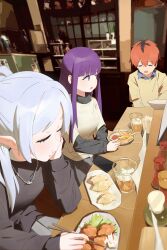  1boy 2girls absurdres alternate_costume beer_mug black_sweater blunt_bangs brown_shirt brown_sweater cellphone chain chain_necklace chopsticks closed_eyes closed_mouth commentary_request contemporary cup eating fern_(sousou_no_frieren) food food_on_face french_fries frieren highres holding holding_chopsticks indoors jewelry layered_sleeves long_hair long_sidelocks long_sleeves mug multiple_girls necklace open_mouth phone purple_hair rabbits_foot red_hair restaurant shirt short_hair short_over_long_sleeves short_sleeves sidelocks sitting slice_of_life smartphone sousou_no_frieren stark_(sousou_no_frieren) straight_hair sweater turtleneck turtleneck_sweater v-shaped_eyebrows very_short_hair violet_eyes yioukei 
