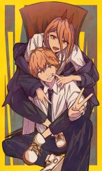  1boy 1girl absurdres black_necktie black_pants blonde_hair border chainsaw_man collared_shirt commentary_request crosshair_pupils demon_girl demon_horns denji_(chainsaw_man) double-parted_bangs finger_in_another's_mouth hair_between_eyes highres horns karan_koron100 long_hair long_hair_between_eyes looking_at_viewer necktie open_mouth outside_border pants power_(chainsaw_man) red_horns sharp_teeth shirt shoes short_hair sitting teeth v white_shirt white_shoes yellow_border yellow_eyes 