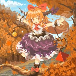  02charaice20 1girl absurdres ankle_socks autumn autumn_leaves blunt_bangs boots bow brown_boots chain clouds commentary cuffs day dithering falling_leaves fang footwear_bow frilled_wrist_cuffs frills full_body hair_bow highres horn_bow horn_ornament horn_ribbon horns ibuki_suika leaf light_blush long_hair long_sidelocks looking_at_viewer low-tied_long_hair maple_leaf maple_tree metal_belt multiple_hair_bows nature neckerchief on_tree open_mouth orange_eyes orange_hair orange_theme orb outdoors outstretched_arms pixel_art purple_bow purple_skirt pyramid_(geometry) red_bow red_neckerchief red_ribbon ribbon ribbon-trimmed_skirt ribbon_trim river shackles shirt sidelocks skin_fang skirt sky sleeveless sleeveless_shirt socks solo standing standing_on_branch standing_on_one_leg touhou tree two-tone_skirt very_long_hair white_ribbon white_shirt white_skirt white_socks white_wrist_cuffs wrist_cuffs 