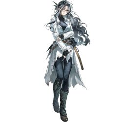  1girl 3mo aqua_eyes arknights bags_under_eyes bird_girl bodysuit bodysuit_under_clothes boots brown_shoes closed_mouth coat exhausted feather_hair fingerless_gloves full_body glasses gloves hand_on_own_arm highres holding knees_together_feet_apart leg_warmers long_hair long_shirt long_sleeves looking_at_viewer official_art red_pupils scroll shirt shoes simple_background snegurochka_(arknights) solo standing tachi-e third-party_source torn_clothes transparent_background wavy_hair white_shirt 