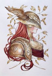  1girl artist_name closed_mouth commentary covered_eyes elden_ring english_commentary from_side helmet highres liuyuart malenia_blade_of_miquella red_hair scar signature solo traditional_media upper_body visor_(armor) wavy_hair white_background winged_helmet 