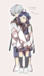  1boy 1girl aged_down belle_(zenless_zone_zero) black_socks blue_eyes blue_hair brother_and_sister commentary_request dress grey_background grey_hair hair_between_eyes hair_bobbles hair_ornament hug hug_from_behind jacket kneehighs long_sleeves open_clothes open_jacket open_mouth outline siblings simple_background sleeves_past_wrists socks standing tatumin13 white_jacket white_outline wise_(zenless_zone_zero) zenless_zone_zero 