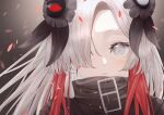  1girl black_coat black_flower blush close-up coat expressionless flower grey_background grey_eyes grey_hair hair_flower hair_ornament hair_over_one_eye high_collar highres isekai_joucho kamitsubaki_studio long_hair looking_at_viewer meido_saido multicolored_hair parted_lips petals redhead solo straight-on two-tone_hair virtual_youtuber 