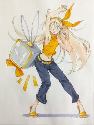  1girl ;d arm_up armpits bare_arms belt belt_buckle black_eyes black_pants blonde_hair bow bow_hairband bowtie breasts buckle commentary full_body hairband hand_up highres long_hair looking_at_another midriff navel non-humanoid_robot notice_lines one_eye_closed open_mouth original pants peter_salt rabbit_ears_antenna robot shirt shoes sideboob sleeveless sleeveless_shirt small_breasts smile standing television traditional_media very_long_hair white_background yellow_belt yellow_bow yellow_bowtie yellow_hairband yellow_shirt yellow_shoes 