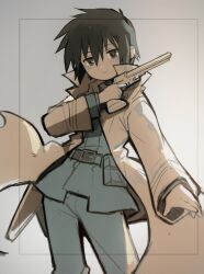  1girl :| absurdres aiming_up androgynous belt belt_buckle belt_pouch black_eyes black_hair border bright_pupils brown_coat buckle closed_mouth coat colt_1851_navy commentary cowboy_shot expressionless finger_on_trigger green_belt green_jacket green_pants grey_background gun hair_between_eyes highres holding holding_gun holding_weapon jacket kino_(kino_no_tabi) kino_no_tabi light_blush long_sleeves open_clothes open_coat outside_border pants popped_collar pouch revolver short_hair sketch solo taru153 tomboy trench_coat very_short_hair weapon white_pupils wind wind_lift 