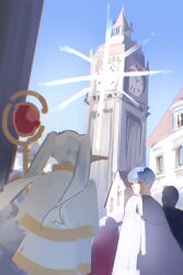  1boy 1girl absurdres blue_hair capelet city clock clock_tower elf frieren gold_trim grey_cloak grey_hair highres himmel_(sousou_no_frieren) holding holding_staff ikachyu jacket long_hair looking_at_another outdoors pointy_ears short_hair sketch sousou_no_frieren staff tower twintails upper_body white_capelet white_jacket 