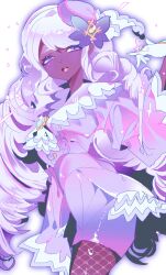  1girl absurdres ascot brooch cowboy_shot cttn1117 dark-skinned_female dark_skin dress fascinator fishnet_pantyhose fishnets frilled_ascot frills glint gloves gold_ring gradient_clothes gradient_dress hair_ornament half-closed_eyes hand_up highres jacinthe_(pokemon) jewelry juliet_sleeves long_hair long_sleeves looking_at_viewer low_drills open_mouth pantyhose pencil_dress pokemon pokemon_legends:_z-a puffy_sleeves purple_dress purple_hair smile solo teeth upper_teeth_only very_dark_skin violet_eyes white_gloves 