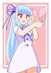  1girl ^^^ blue_hair blunt_bangs blush commentary_request dress hair_ornament hand_mirror hands_up highres himajin_narou holding holding_mirror kotonoha_aoi long_hair looking_at_mirror mirror open_mouth outline red_eyes short_sleeves solo very_long_hair voiceroid white_outline 