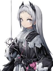  1girl ammunition_belt arknights belt black_gloves black_wings closed_mouth earrings gloves gradient_hair grey_eyes grey_hair head_wings highres holding holding_weapon irene_(arknights) jewelry long_hair long_sleeves looking_at_viewer multicolored_hair rapier scar scar_across_eye simple_background solo sword very_long_hair weapon white_background wings yachima_tana 