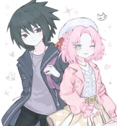  1boy 1girl ;d alternate_costume belt belt_buckle black_hair black_jacket black_pants brown_belt buckle closed_mouth hair_between_eyes hair_ornament hairclip haruno_sakura hashtag-only_commentary hat heart highres jacket jewelry long_sleeves looking_at_viewer naruto_(series) naruto_shippuuden necklace one_eye_closed open_clothes open_jacket open_mouth pants pink_hair pink_jacket pucca0_0 purple_shirt shirt short_hair skirt smile uchiha_sasuke white_shirt 
