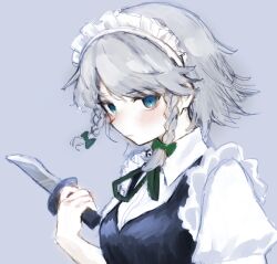  1girl blue_background blue_eyes blue_vest blush braid closed_mouth collared_shirt expressionless from_side grey_hair hair_ribbon holding holding_knife izayoi_sakuya knife maid maid_headdress medium_hair natucurage ribbon shirt short_sleeves solo touhou twin_braids upper_body vest white_shirt 