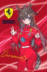  1girl ahoge animal_ears blue_eyes blush breasts brown_hair duramente_(umamusume) ear_ornament ferrari formula_one hair_between_eyes hewlett-packard highres horse_ears horse_girl horse_tail kerotan_(belle_reinedesu) logo long_hair long_sleeves looking_at_viewer multicolored_hair racing_suit red_racing_suit shell_(company) solo streaked_hair tail umamusume white_hair 