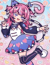  1girl absurdres ant_(db_antlion) artist_name black_hair black_ribbon bow camila_(vtuber) candy collar commentary diamond-shaped_pupils diamond_(shape) doughnut english_commentary facial_mark fang food footwear_bow frilled_collar frills fruit hair_ribbon hat heart heart_print highres indie_virtual_youtuber long_hair long_sleeves macaron mismatched_thighhighs multicolored_hair open_mouth outline party_hat pink_hair pointy_ears pudding purple_skirt ribbon shoes short_twintails skirt smile solo standing standing_on_one_leg strawberry streaked_hair symbol-shaped_pupils tail tail_bow tail_ornament triangle triangle_facial_mark twintails violet_eyes virtual_youtuber white_hair white_shoes wrapped_candy 