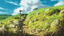 blue_sky building bush clouds cloudy_sky day grass highres hill landscape no_humans original outdoors path rock scenery shack sign sky tagme wallpaper