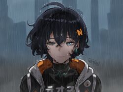  1girl absurdres ahoge artist_name belle_(zenless_zone_zero) black_shirt blue_eyes blue_hair chainsaw_man closed_mouth commentary earrings english_commentary glowing glowing_eyes gy_beth hair_between_eyes hair_ornament half-closed_eye highres hood hooded_jacket jacket jewelry letter_hair_ornament looking_at_viewer meme necklace night outdoors portrait rain reze&#039;s_eye_twitch_(chainsaw_man) scene_reference shirt short_hair single_earring sleeveless sleeveless_jacket solo straight-on turtleneck wet wet_clothes wet_face wet_hair zenless_zone_zero 