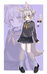  1girl animal_ear_fluff animal_ears black_sailor_collar black_shoes black_skirt blush border braid breasts bun_with_braided_base closed_mouth color_guide commentary dot_nose double_bun extra_ears full_body grey_hair grey_shirt hair_bun hair_intakes highres legs_apart loafers long_sleeves looking_at_viewer medium_breasts microskirt miniskirt neckerchief original outside_border pleated_skirt purple_background sailor_collar school_uniform serafuku shirt shoes sidelocks skirt sleeves_past_wrists small_breasts smile socks solo standing tetetaco thighs white_border white_socks yellow_eyes yellow_neckerchief 