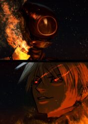  1boy 1girl absurdres bakugou_katsuki blonde_hair boku_no_hero_academia bomb_devil_(chainsaw_man) chainsaw_man crain1art crossover embers eye_trail faceoff fire glowing glowing_eyes highres light_trail multiple_pov object_head parted_lips portrait pov red_eyes short_hair smile spiky_hair todoroki_shoto 