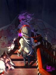  6+girls absurdres akemi_homura back_bow black_hair black_pantyhose black_skirt bow brown_shoes bubble_skirt buttons chest_jewel chinese_commentary choker clone commentary_request commission dress dress_bow earrings faceless faceless_female frilled_skirt frilled_sleeves frilled_socks frills from_behind full_body gem gloves hair_over_eyes hair_ribbon hairband hand_on_railing highres indoors jewelry juliet_sleeves kaname_madoka kokaiff lace-trimmed_sleeves lace_trim long_hair long_sleeves magic magical_girl mahou_shoujo_madoka_magica mahou_shoujo_madoka_magica:_hangyaku_no_monogatari miniskirt mitakihara_school_uniform multiple_girls open_mouth over-kneehighs pantyhose pink_bow pink_dress pink_gemstone pink_hair plaid_clothes plaid_skirt pleated_skirt puffy_short_sleeves puffy_sleeves purple_gemstone red_choker red_hairband red_ribbon red_shoes ribbon running sample_watermark school_uniform shirt shoes short_dress short_hair short_sleeves short_twintails single_earring skirt skirt_under_dress sleeve_cuffs smile socks soul_gem square_neckline stairs straight_hair thigh-highs transformation twintails uwabaki very_long_hair walking watermark white_gloves white_skirt white_sleeves white_socks white_thighhighs yellow_bow yellow_shirt 