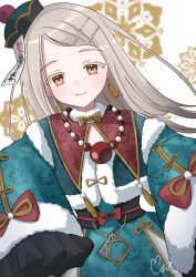  1girl bead_necklace beads belt black_belt blonde_hair blurry blurry_background blush chinese_clothes closed_mouth colored_eyelashes commentary_request cowboy_shot detached_collar dress earrings fur-trimmed_collar fur-trimmed_dress fur-trimmed_sleeves fur_trim gakuen_idolmaster gradient_hair green_dress green_hat grey_hair hair_ornament hairclip hands_up hat highres idolmaster jewelry jiangshi_costume long_hair looking_at_viewer mini_hat multicolored_hair necklace ofuda orange_eyes outstretched_arms parallel_hairclips parted_bangs pearl_necklace print_dress qingdai_guanmao shinosawa_hiro signature sleeves_past_fingers sleeves_past_wrists smile solo standing wide_sleeves yuzu0723 zombie_pose 