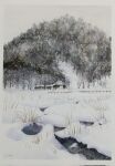 building day field forest grass grey_sky highres hill miyuchan777 nature original painting_(medium) scenery sky snow snowing traditional_media tree watercolor_(medium) 