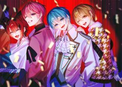  4boys animal_ears ascot bimigohan16 blonde_hair blue_eyes blue_hair closed_eyes colon_(stpri) commentary confetti curtains dog_ears highres houndstooth jacket looking_at_viewer male_focus multiple_boys one_eye_closed open_mouth pink_hair pink_jacket red_hair rinu_(stpri) root_(stpri) satomi_(stpri) smile stage_curtains strawberry_prince violet_eyes white_ascot yellow_eyes 